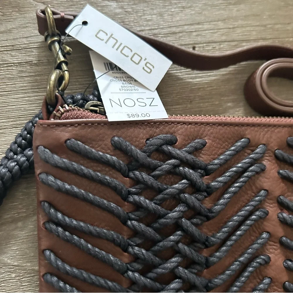 Chico's Brown and Black Woven Cross Body Bag/Clutch with Removable Straps